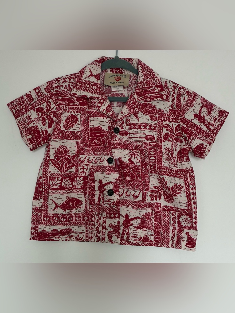 Kids Red and White Hawaiian Print Button-Up Shirt 12M